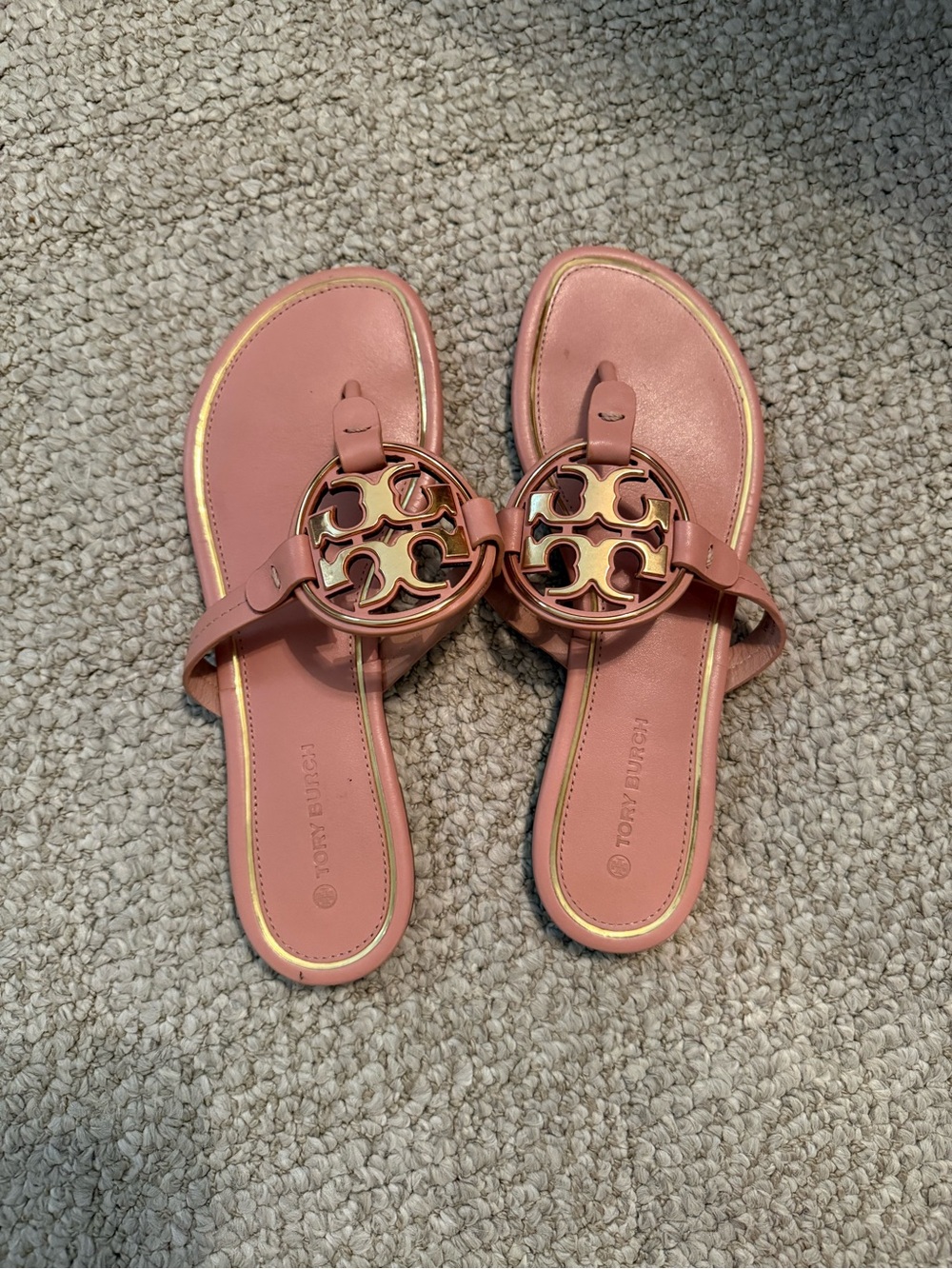 Tory Burch Pink Leather Miller Logo Sandals with Gold Logo